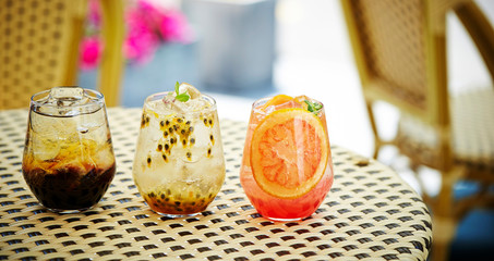 Fresh drinks on cafe table 