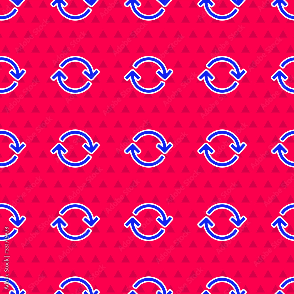 Poster blue refresh icon isolated seamless pattern on red background. reload symbol. rotation arrows in a c