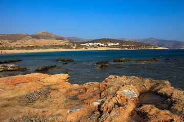 Fototapeta na wymiar Naxos / Greece - August 23, 2014: Agiassos beach view, Naxos, Cyclades Islands, Greece