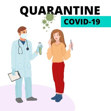Woman with a coronavirus coughs, a doctor treats a vaccine in a hospital. Medical research, testing of patients. Vector flat illustration