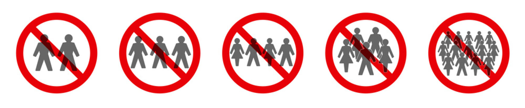 Social distancing - ban on gathering - prohibition of assembly symbols for two, three, four, five or more people. Isolated vector illustration on white background.