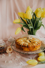 Fototapeta na wymiar dessert, cake, table, homemade, food, delicious, pastry, gourmet, crust, fresh, wooden, sweet, pie, healthy, eating, plate, snack, bakery, sugar, puff, white, traditional, tulips, cooking, tulip, refr