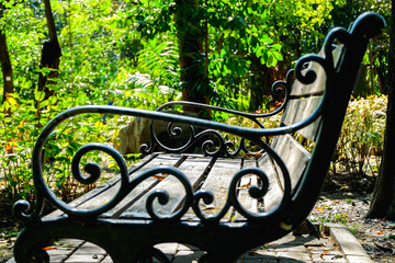 Metal benches lonely beneath the trees in the park on a sunshine day with the concept of loneliness and waiting.blurred or selective focus.