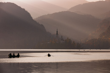Afternoon lights at Bled Lake, Slovenia, Europe. St. Martin church in the background. - 331717064