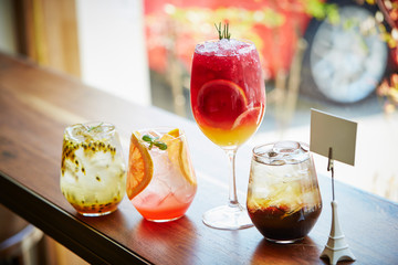 Fresh cafe drinks on table 