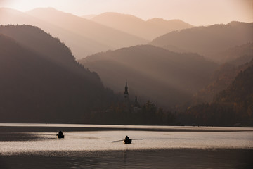 Afternoon lights at Bled Lake, Slovenia, Europe. St. Martin church in the background. - 331717281