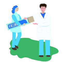 Doctor and medical nurse with vaccine. Take care of human health. Antivirus theraphy.  