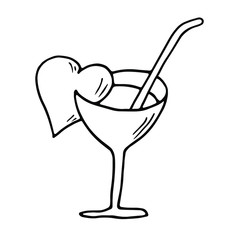 Cocktail with heart doodle element for Valentine's Day. Outline drawing isolated on white background. Suitable for postcards, prints. Stock vector illustration.