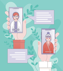 Online doctor and patient consultation. Doctor has video call on smartphone with sick client. Telemedicine services app. Vector illustration in linear flat. Cute muted green and coral palette