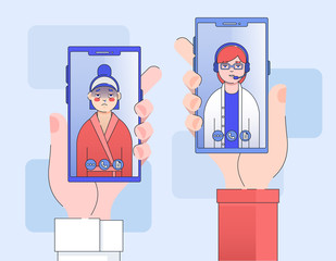 Online doctor and patient consultation. Sick client and doctor video call using smartphones. Telemedicine physician - diagnostic, prescription, disease control. Medical web conference in linear flat