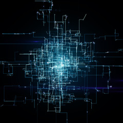 Digital Connectivity, Artificial Intelligence And Data Storage Concept. Glowing Electronic Circuit Board, Conductors And Neural Signals