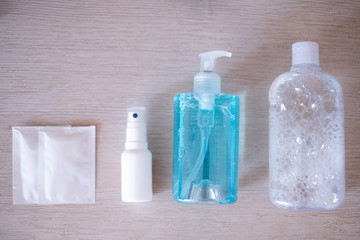 micellar water, hand gel, spray antiseptic, wet napkins