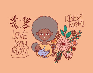 Mother and baby cartoon with flowers and leaves vector design