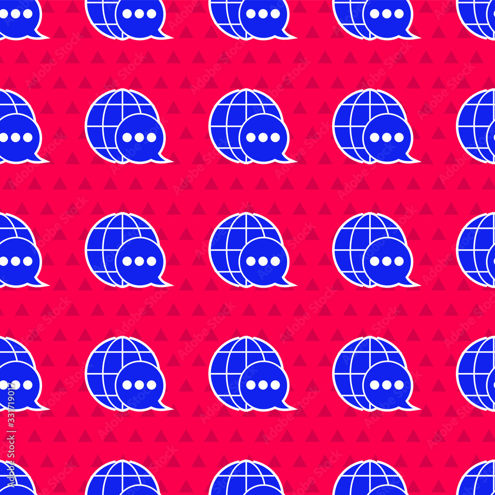 Poster blue world map made from speech bubble icon isolated seamless pattern on red background. global comm