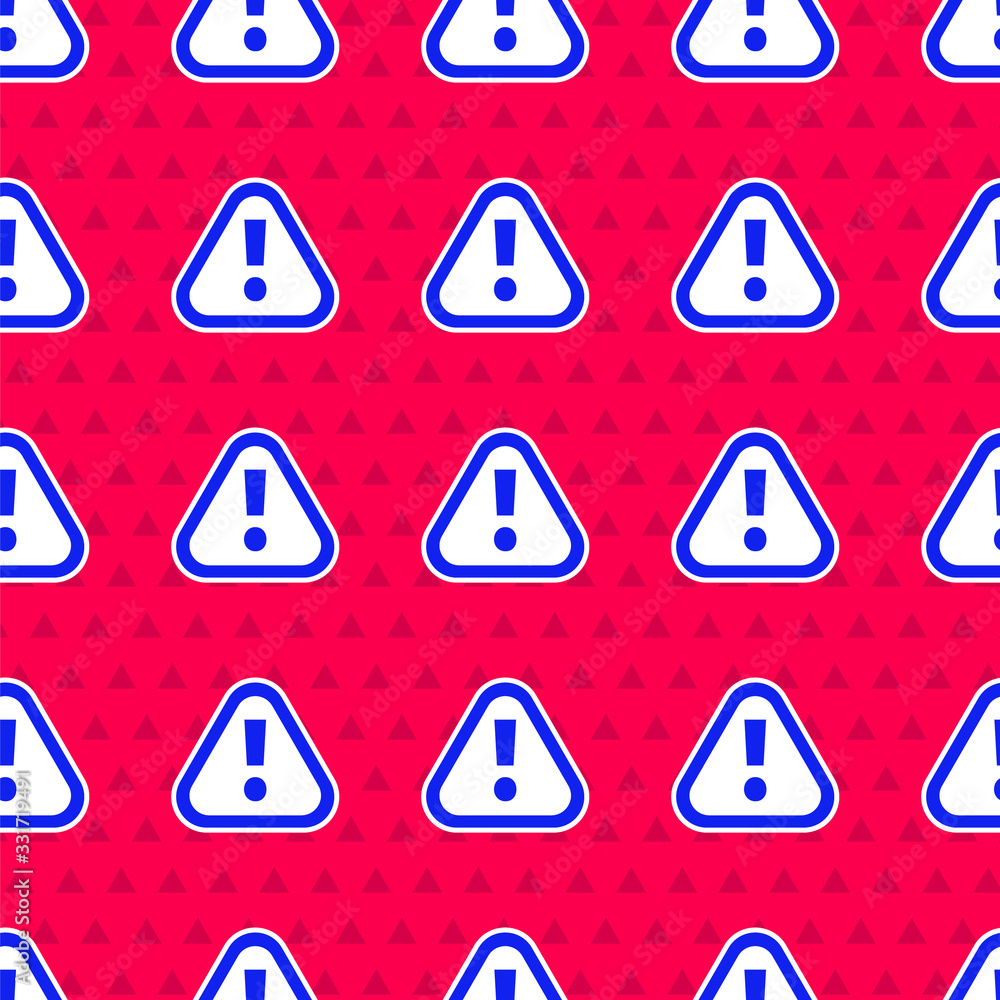 Poster blue exclamation mark in triangle icon isolated seamless pattern on red background. hazard warning s