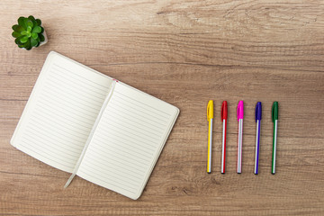 Obraz premium Notebook, multicolored pen and succulent on marble table. Copyspace