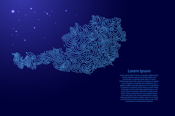 Austria map from blue isolines or level line geographic topographic map grid and glowing space stars. Vector illustration.