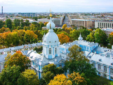 Northwest tower. The Church of Zachariah and Elizabeth at the Widow House and the Church of Alexander Nevsky at the Alexander Institute. View from above. Smolny Novodevichy Convent. St. Petersburg