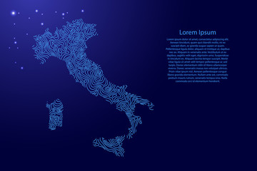 Italy map from blue isolines or level line geographic topographic map grid and glowing space stars. Vector illustration.