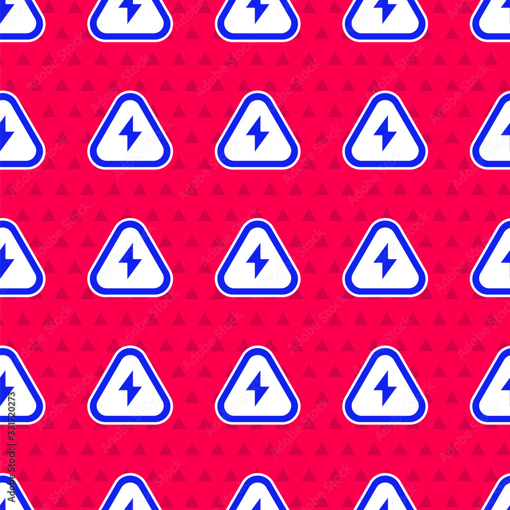 Aufkleber blue high voltage icon isolated seamless pattern on red background. danger symbol. arrow in triangle