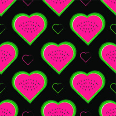 Seamless pattern with colorful watermelon heart shape and heart contour on black background. Summer print