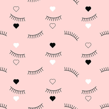 Seamless pattern with eyelashes and a heart on pink background.