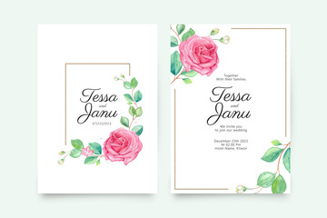 Wedding invitation template with hand painted rose flower watercolor