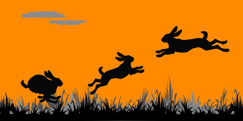 realistic black silhouettes of forest hares jumping on a field on an orange  background