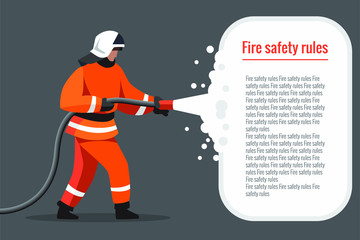 A firefighter uses a water hose to extinguish the fire. uniformed firefighter, fire rescue. illustration for a target web page, banner, presentation, promotion, or print media