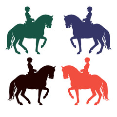 multicolored isolated silhouettes of a female rider on a Spanish horse, dressage