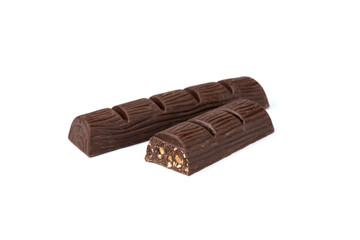 Dark chocolate bar with peanut isolated on white.