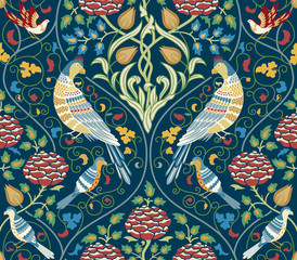 Vintage flowers and birds seamless pattern on dark blue background. Color vector illustration. - 331721286