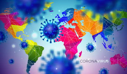 Covid-19. Coronavirus Outbreak Design with Virus Cell in Microscopic View on Abstract Colorful World Map Background. Dangerous SARS Epidemic Vector Illustration for Promotional Banner or Flyer.