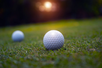 Golf ball on green in beautiful golf course at sunset background.