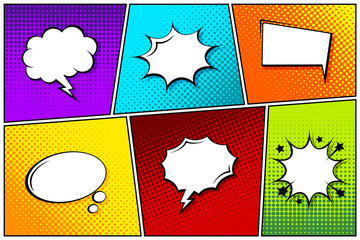 Cartoon comic backgrounds set. Speech bubble. Comics book colorful poster with halftone elements. Retro Pop Art style. Vector illustration.