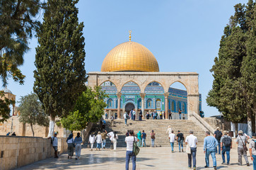 Dome of the Rock and gate leading to the dome on the territory of the interior of the Temple Mount in the Old City in Jerusalem, Israel