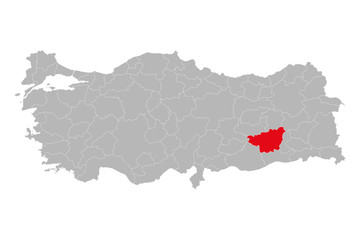 Diyarbakir province highlighted on turkey map vector. Gray background.