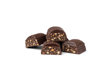 Dark chocolate bar with peanut isolated on white.