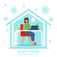Coronavirus concept. Stay home during the coronavirus epidemic. Work at home during isolation. Female employee works from home. Vector illustration in flat style