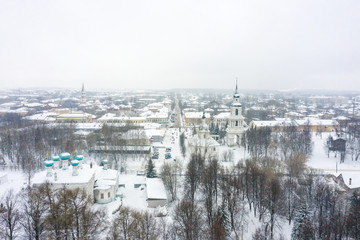 Panorama of the small town of Slobodskoy near Kirov on a winter day from above. Russia from the drone