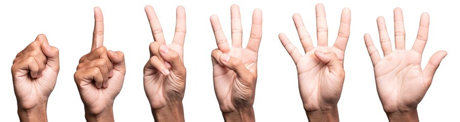 five fingers count signs isolated on white background with Clipping path included. Communication...