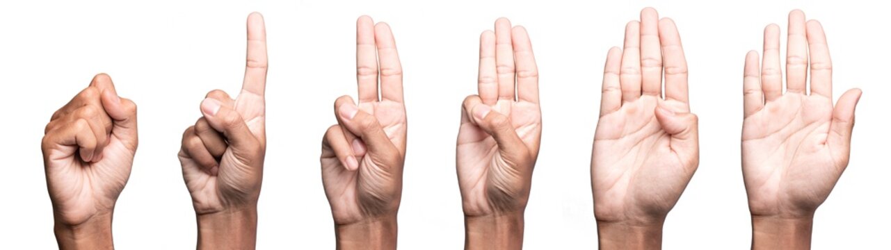 five fingers count signs isolated on white background with Clipping path included. Communication gestures concept