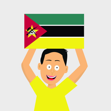 Boy Is Holding Mozambique Flag. Vector Illustration.