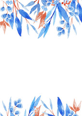 Watercolor loose botanic beautiful floral clip art. Elegant floral border, corner with blue flowers and leaves, hand drawn. Design for invitation, wedding, save the date or greeting cards