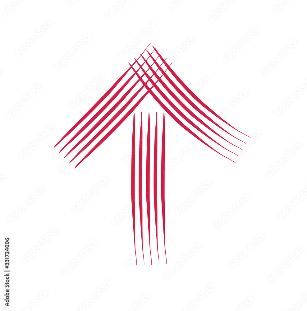 Poster red forward, ahead or upward pointing pen drawn arrow icon sketched as vector symbol..