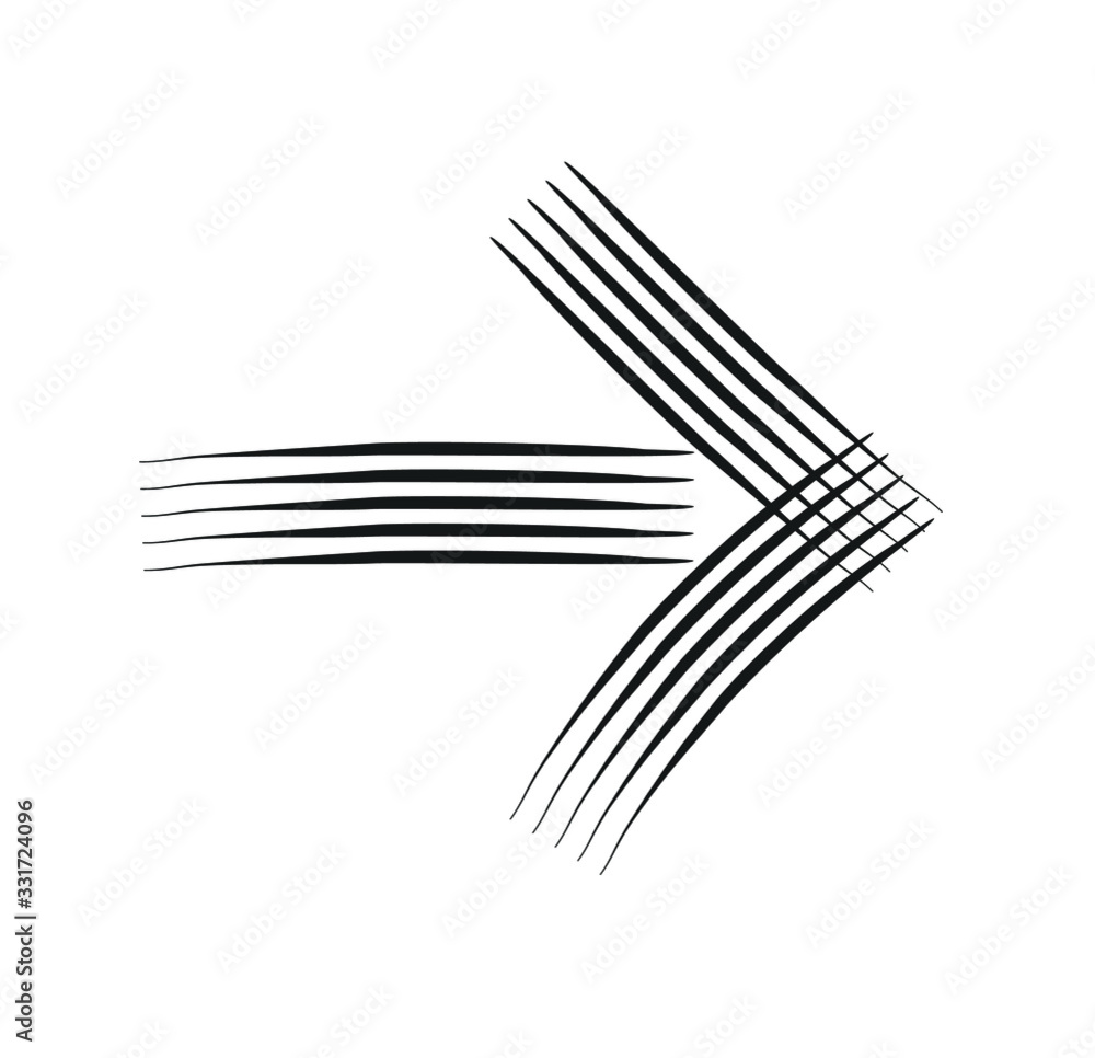Poster black forward or right pointing pen drawn arrow icon sketched as vector symbol..