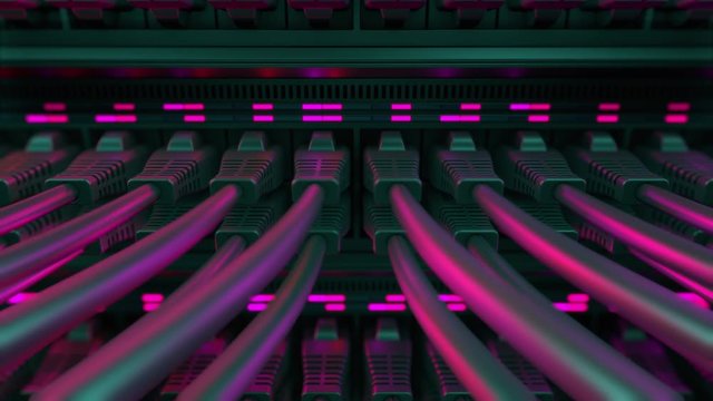 Close-up View of Modern Internet Network Switch With Plugged Ethernet Cables. Blinking Lights on Internet Server. Concept of Data Center, Cloud Computing and Telecommunications. Endless Loop.