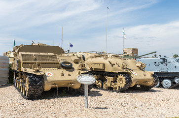 Army ambulances mounted on tank tracks are on the Memorial Site near the Armored Corps Museum in Latrun, Israel