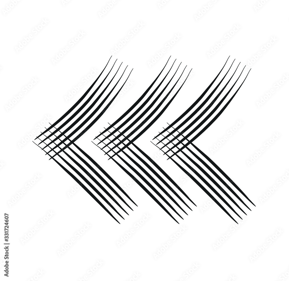 Poster three black reverse or rewind pen drawn arrows icon sketched as vector symbol..