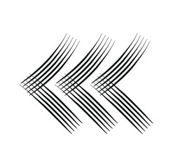 Three Black reverse or rewind pen drawn arrows icon sketched as vector symbol..